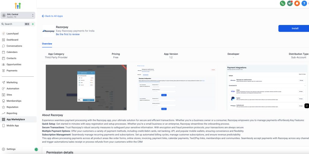 razorpay integration gohighlevel
