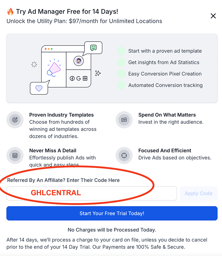 HighLevel Ad Manager Sign Up with Code GHLCENTRAL