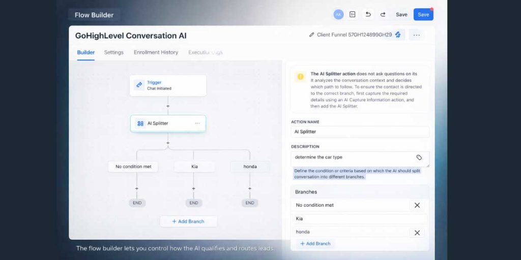 GoHighLevel Conversation AI flow builder showing qualification and booking steps