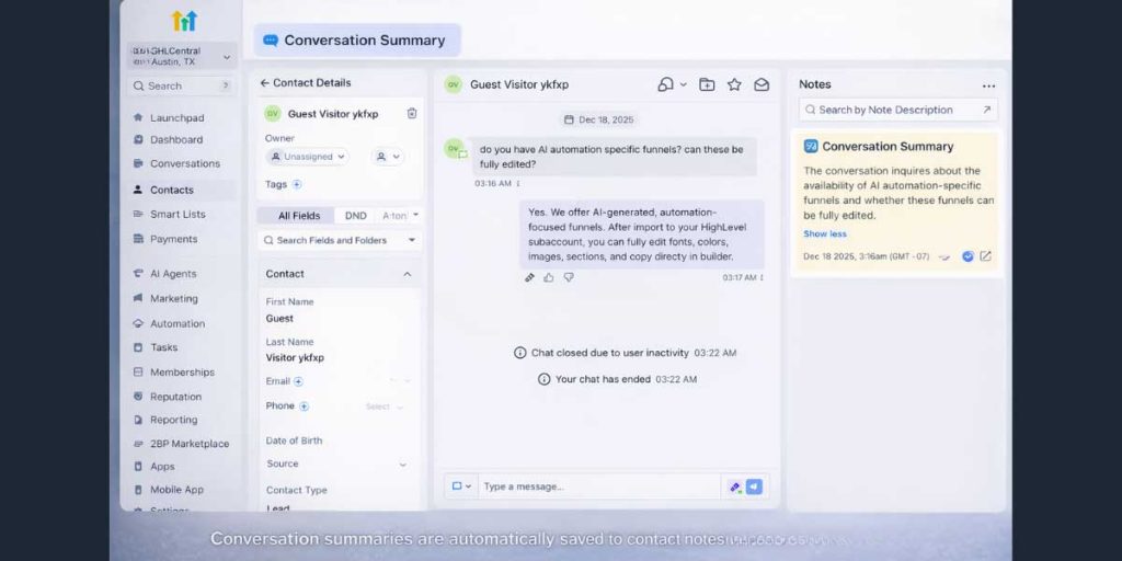 Conversation summary generated by GoHighLevel AI inside CRM