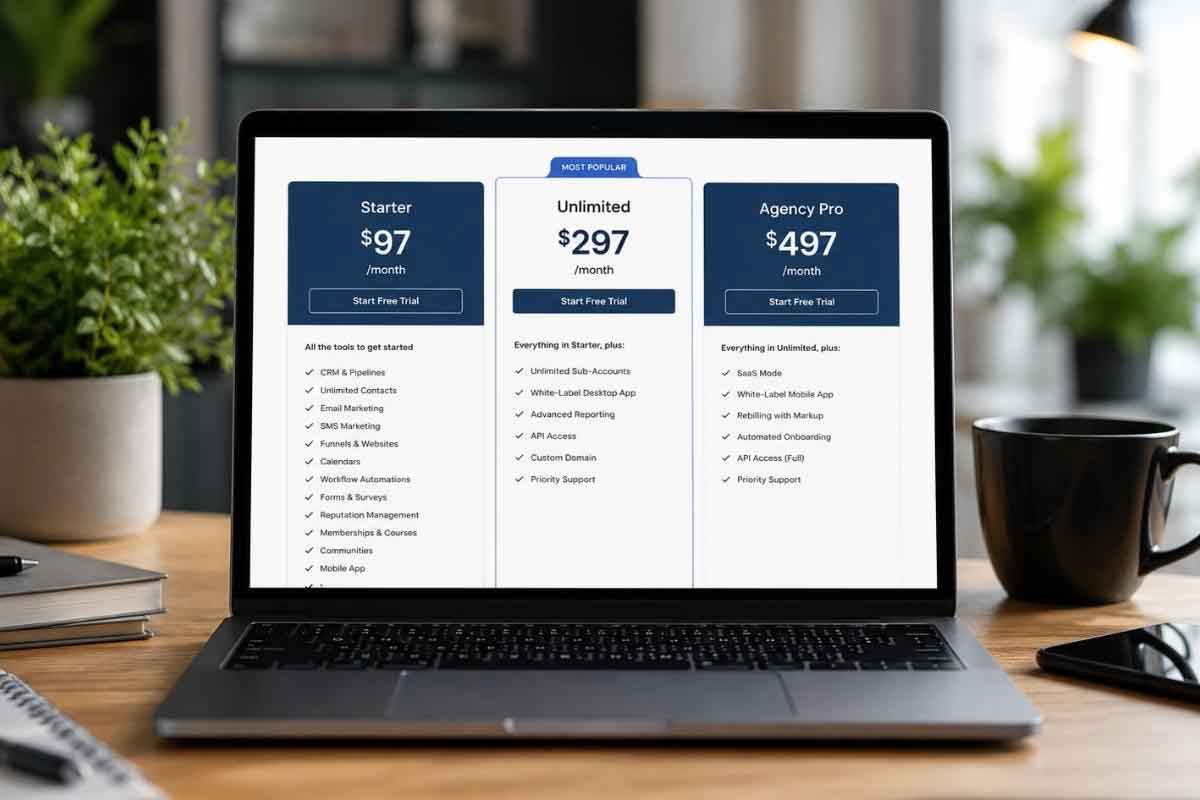 GoHighLevel plan overview with monthly and annual pricing
