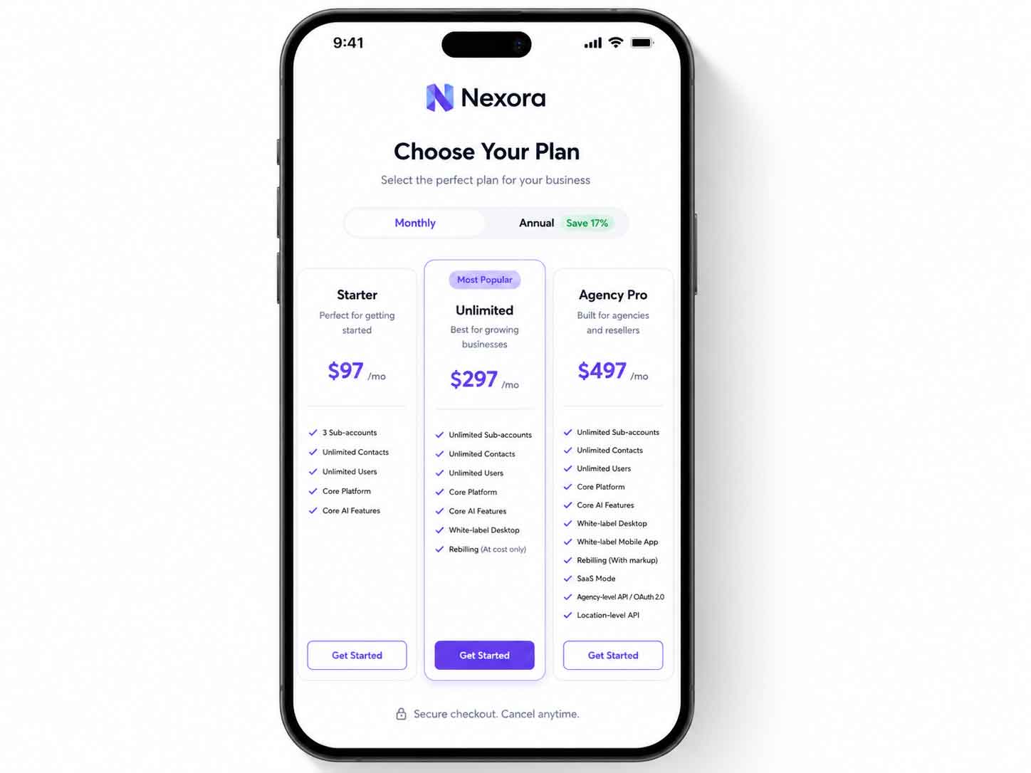 GoHighLevel pricing comparison table — Starter vs Unlimited vs Agency Pro 2026